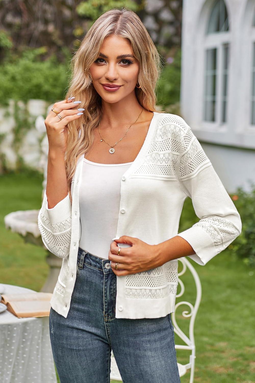 imageGRACE KARIN Womens 2025 Cropped Cardigan 34 Sleeve Lightweight Crochet Shrug HollowedOut Knit Sweater TopsIvory White
