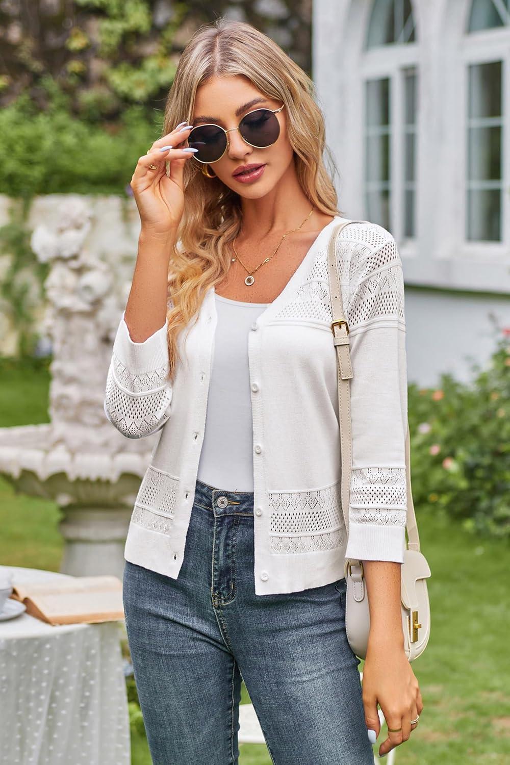 imageGRACE KARIN Womens 2025 Cropped Cardigan 34 Sleeve Lightweight Crochet Shrug HollowedOut Knit Sweater TopsIvory White