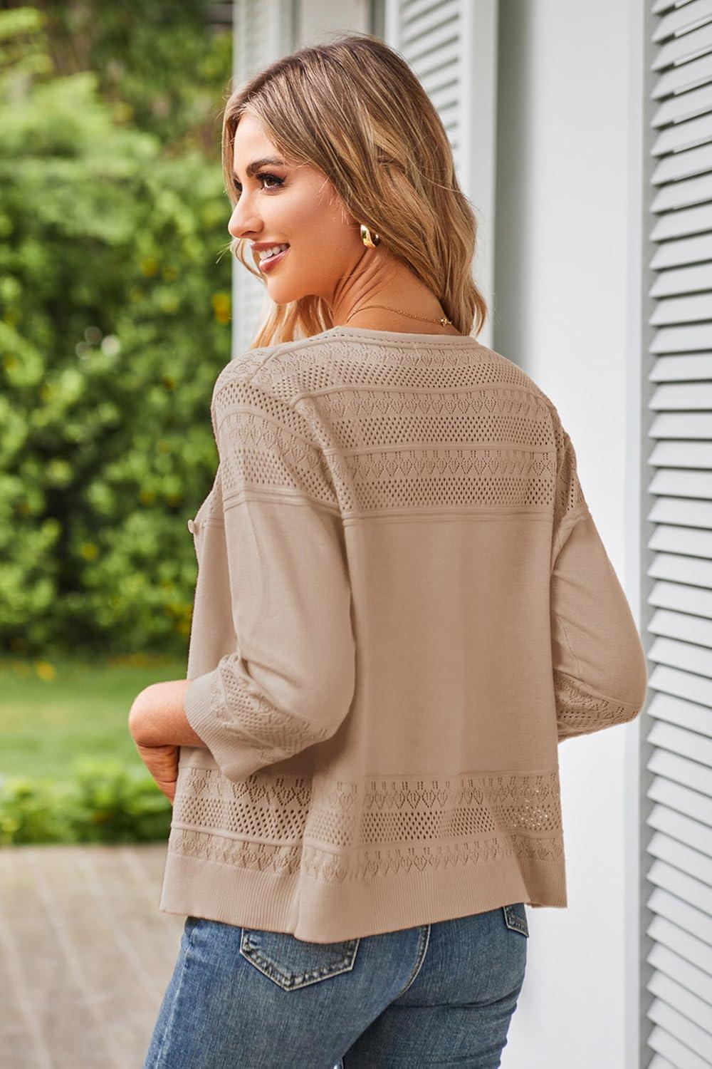 imageGRACE KARIN Womens 2025 Cropped Cardigan 34 Sleeve Lightweight Crochet Shrug HollowedOut Knit Sweater TopsKhaki