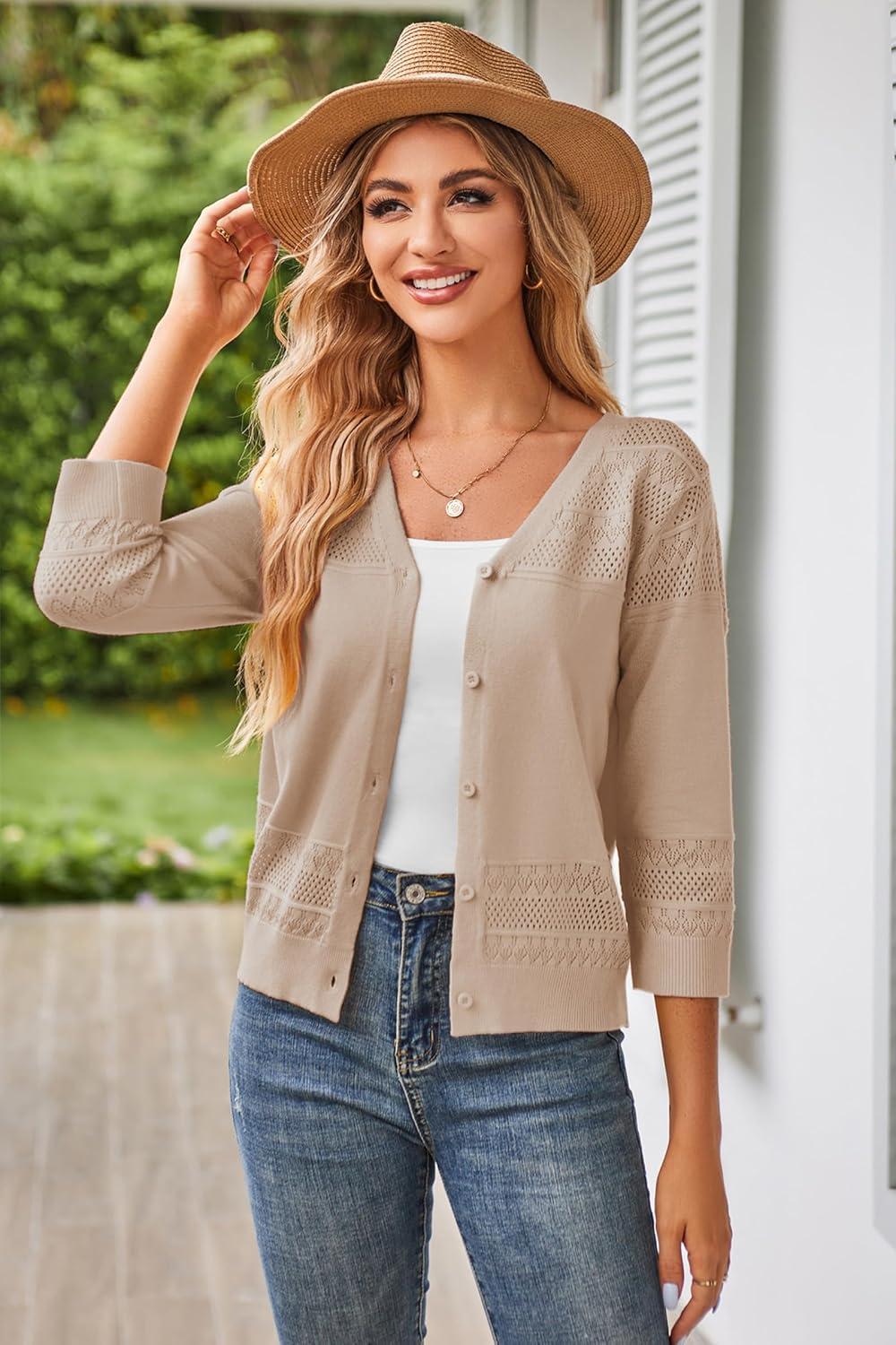 imageGRACE KARIN Womens 2025 Cropped Cardigan 34 Sleeve Lightweight Crochet Shrug HollowedOut Knit Sweater TopsKhaki