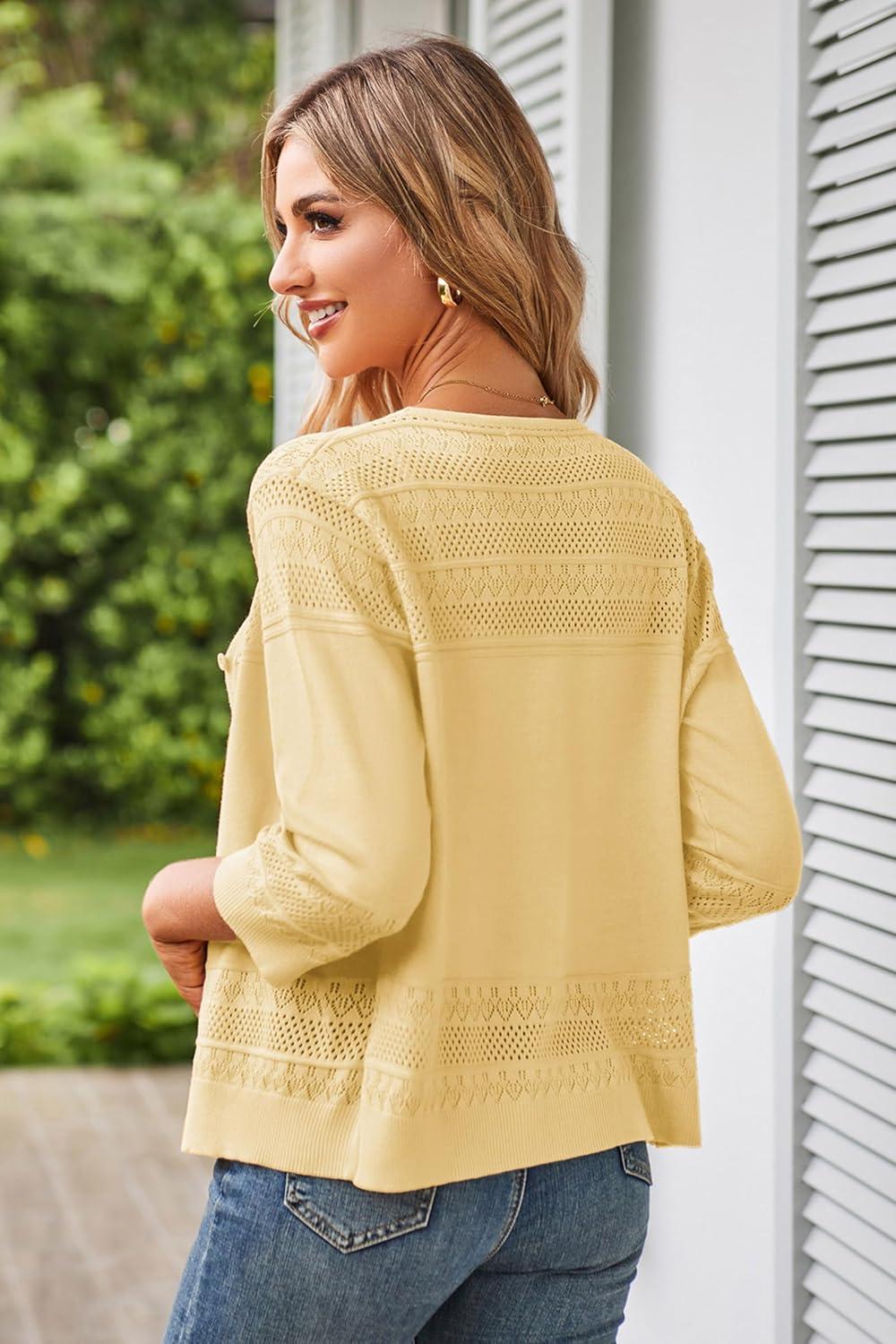 imageGRACE KARIN Womens 2025 Cropped Cardigan 34 Sleeve Lightweight Crochet Shrug HollowedOut Knit Sweater TopsLight Yellow