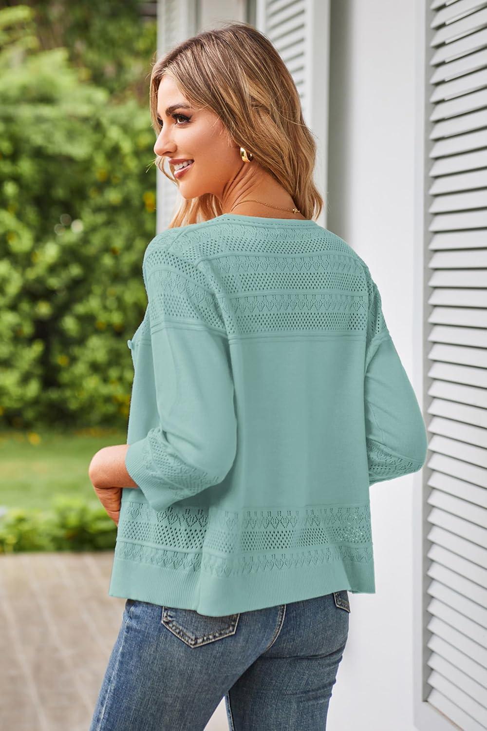 imageGRACE KARIN Womens 2025 Cropped Cardigan 34 Sleeve Lightweight Crochet Shrug HollowedOut Knit Sweater TopsMist Blue