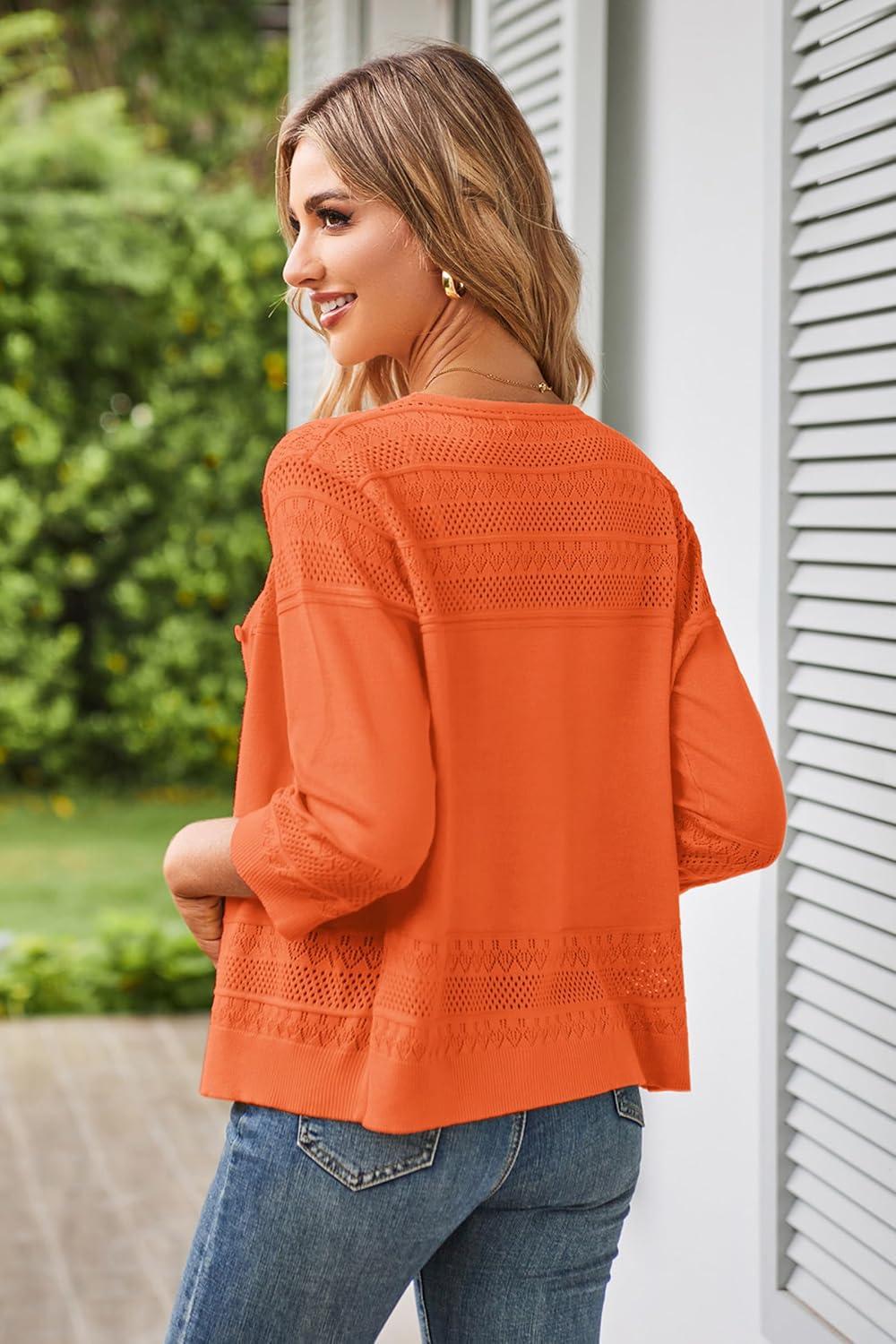 imageGRACE KARIN Womens 2025 Cropped Cardigan 34 Sleeve Lightweight Crochet Shrug HollowedOut Knit Sweater TopsOrange