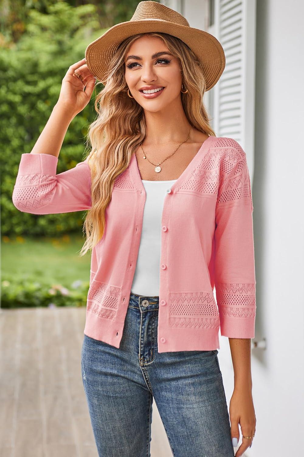 imageGRACE KARIN Womens 2025 Cropped Cardigan 34 Sleeve Lightweight Crochet Shrug HollowedOut Knit Sweater TopsPink