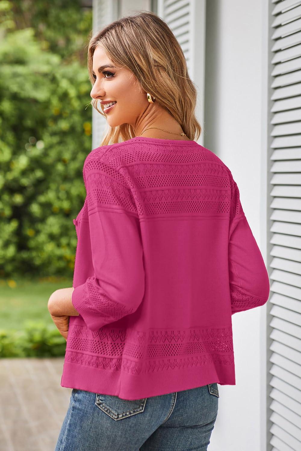 imageGRACE KARIN Womens 2025 Cropped Cardigan 34 Sleeve Lightweight Crochet Shrug HollowedOut Knit Sweater TopsRose Red