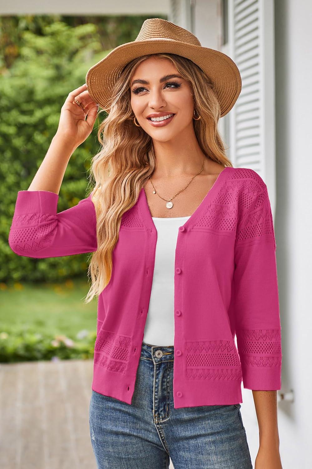 imageGRACE KARIN Womens 2025 Cropped Cardigan 34 Sleeve Lightweight Crochet Shrug HollowedOut Knit Sweater TopsRose Red
