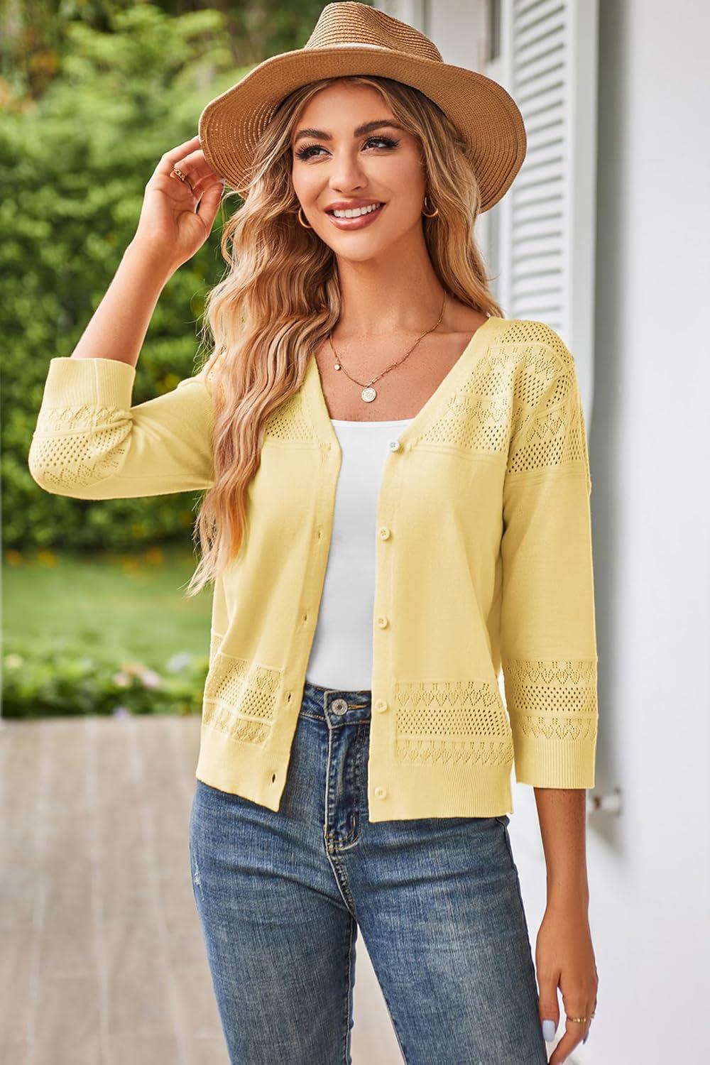 imageGRACE KARIN Womens 2025 Cropped Cardigan 34 Sleeve Lightweight Crochet Shrug HollowedOut Knit Sweater TopsYellow