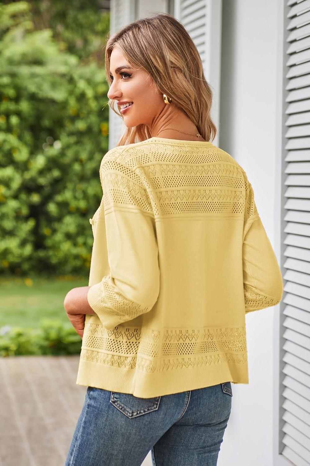 imageGRACE KARIN Womens 2025 Cropped Cardigan 34 Sleeve Lightweight Crochet Shrug HollowedOut Knit Sweater TopsYellow
