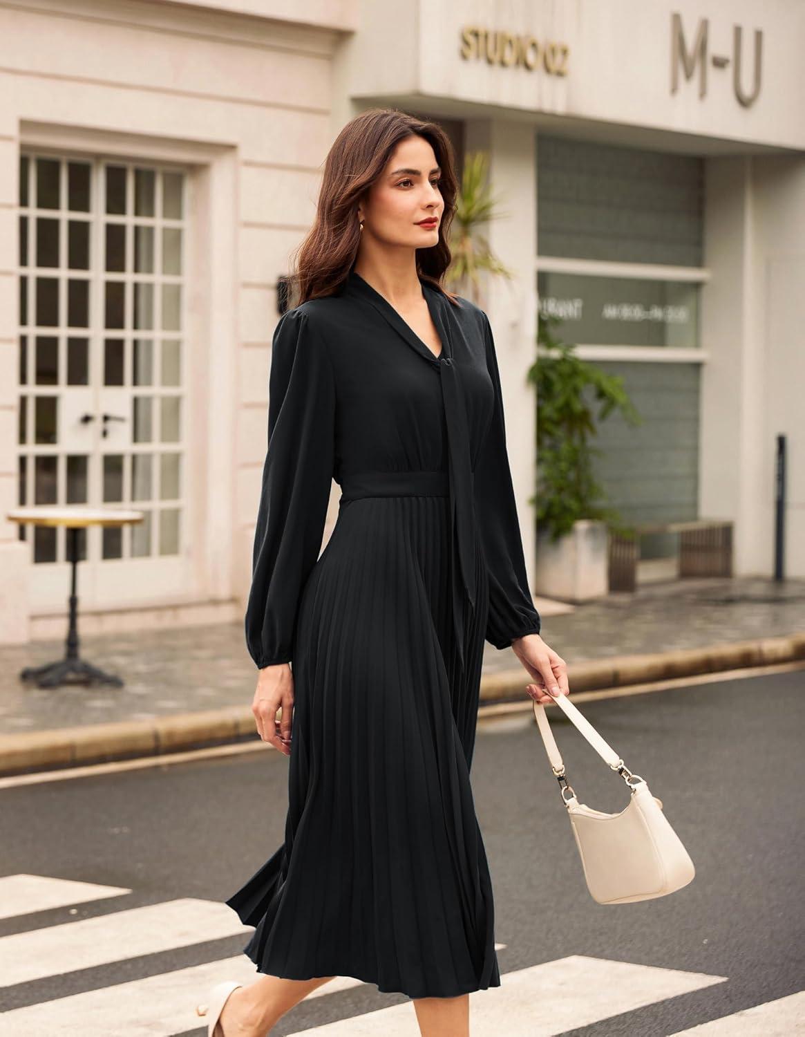 imageGRACE KARIN Womens 2025 Fall Long Sleeve Dress Casual V Neck Pleated A Line Flowy Midi DressesBlack