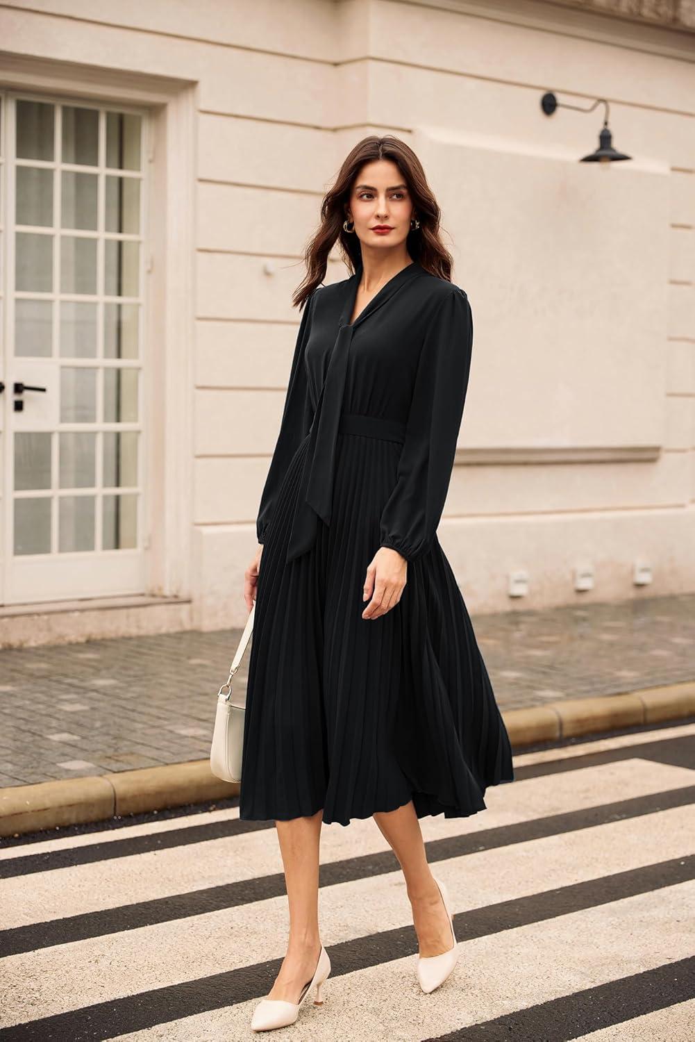 imageGRACE KARIN Womens 2025 Fall Long Sleeve Dress Casual V Neck Pleated A Line Flowy Midi DressesBlack