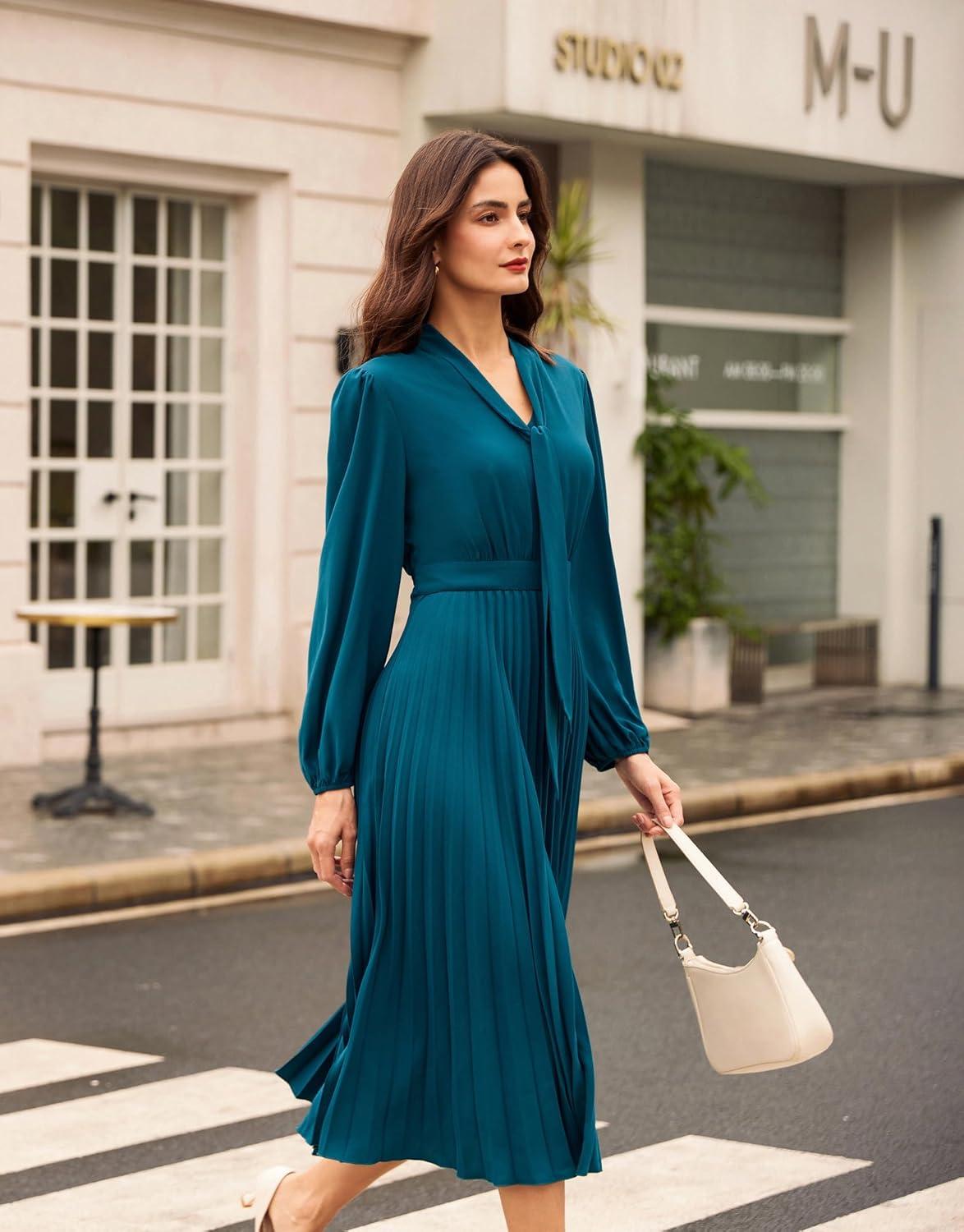 imageGRACE KARIN Womens 2025 Fall Long Sleeve Dress Casual V Neck Pleated A Line Flowy Midi DressesBlue Grey