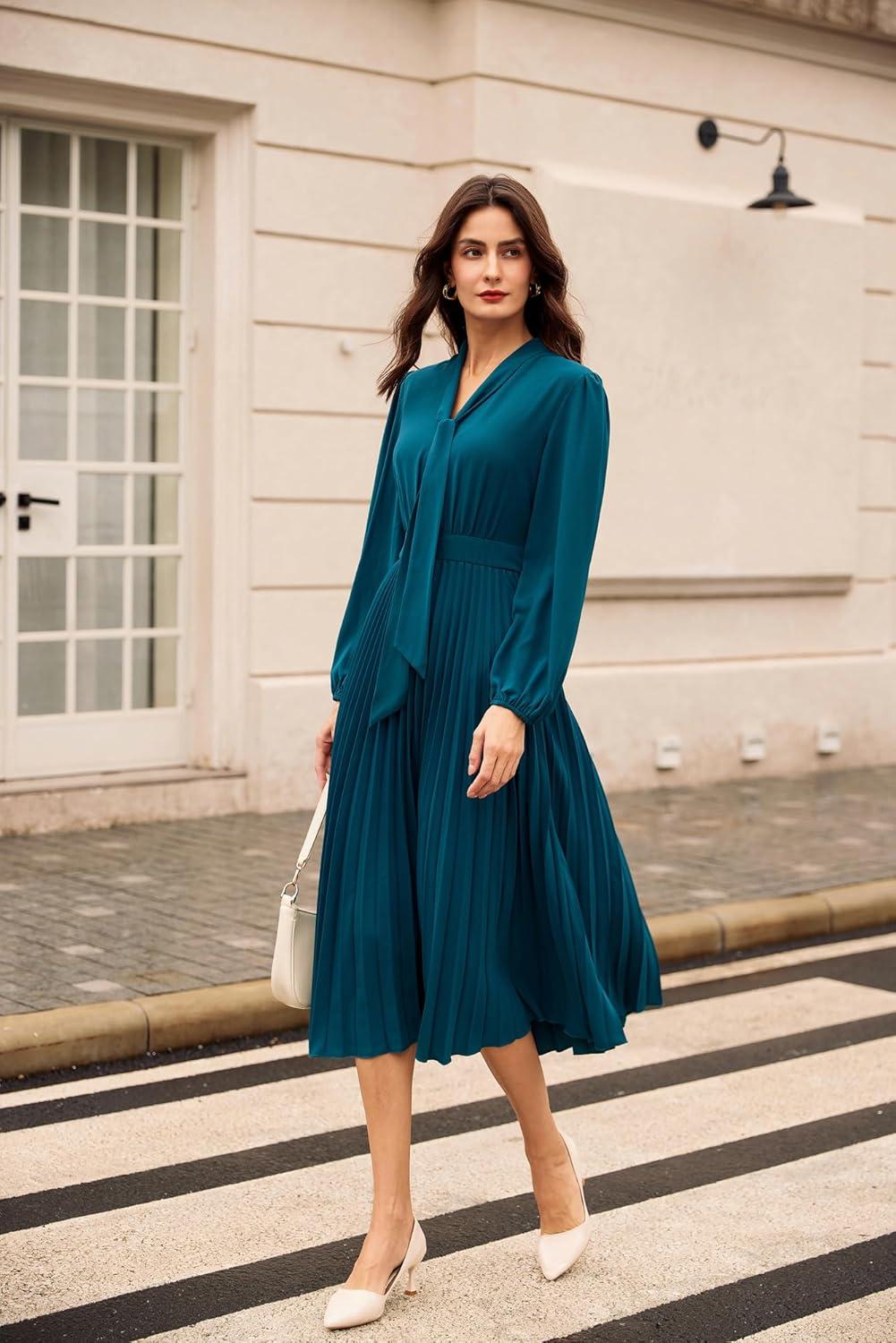 imageGRACE KARIN Womens 2025 Fall Long Sleeve Dress Casual V Neck Pleated A Line Flowy Midi DressesBlue Grey