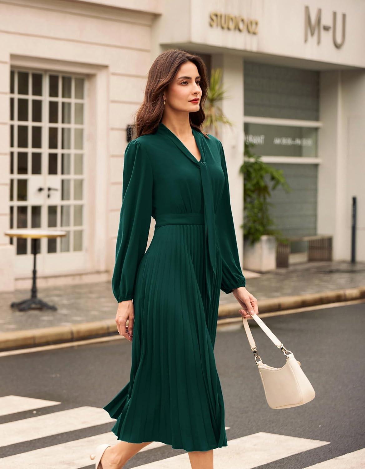 imageGRACE KARIN Womens 2025 Fall Long Sleeve Dress Casual V Neck Pleated A Line Flowy Midi DressesDark Green