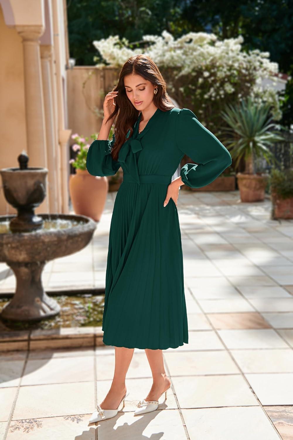 imageGRACE KARIN Womens 2025 Fall Long Sleeve Dress Casual V Neck Pleated A Line Flowy Midi DressesDark Green