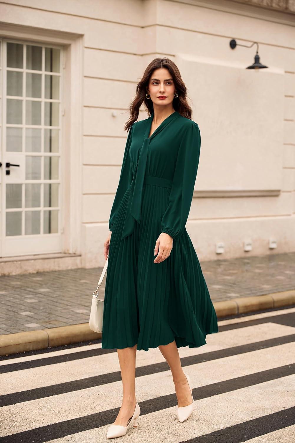 imageGRACE KARIN Womens 2025 Fall Long Sleeve Dress Casual V Neck Pleated A Line Flowy Midi DressesDark Green