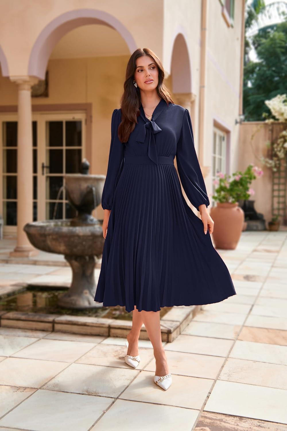 imageGRACE KARIN Womens 2025 Fall Long Sleeve Dress Casual V Neck Pleated A Line Flowy Midi DressesNavy Blue