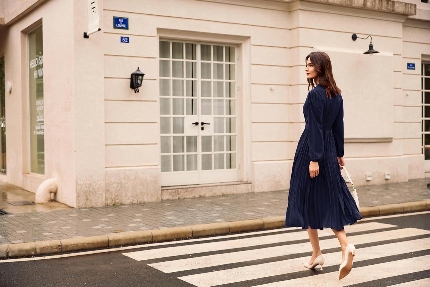 imageGRACE KARIN Womens 2025 Fall Long Sleeve Dress Casual V Neck Pleated A Line Flowy Midi DressesNavy Blue