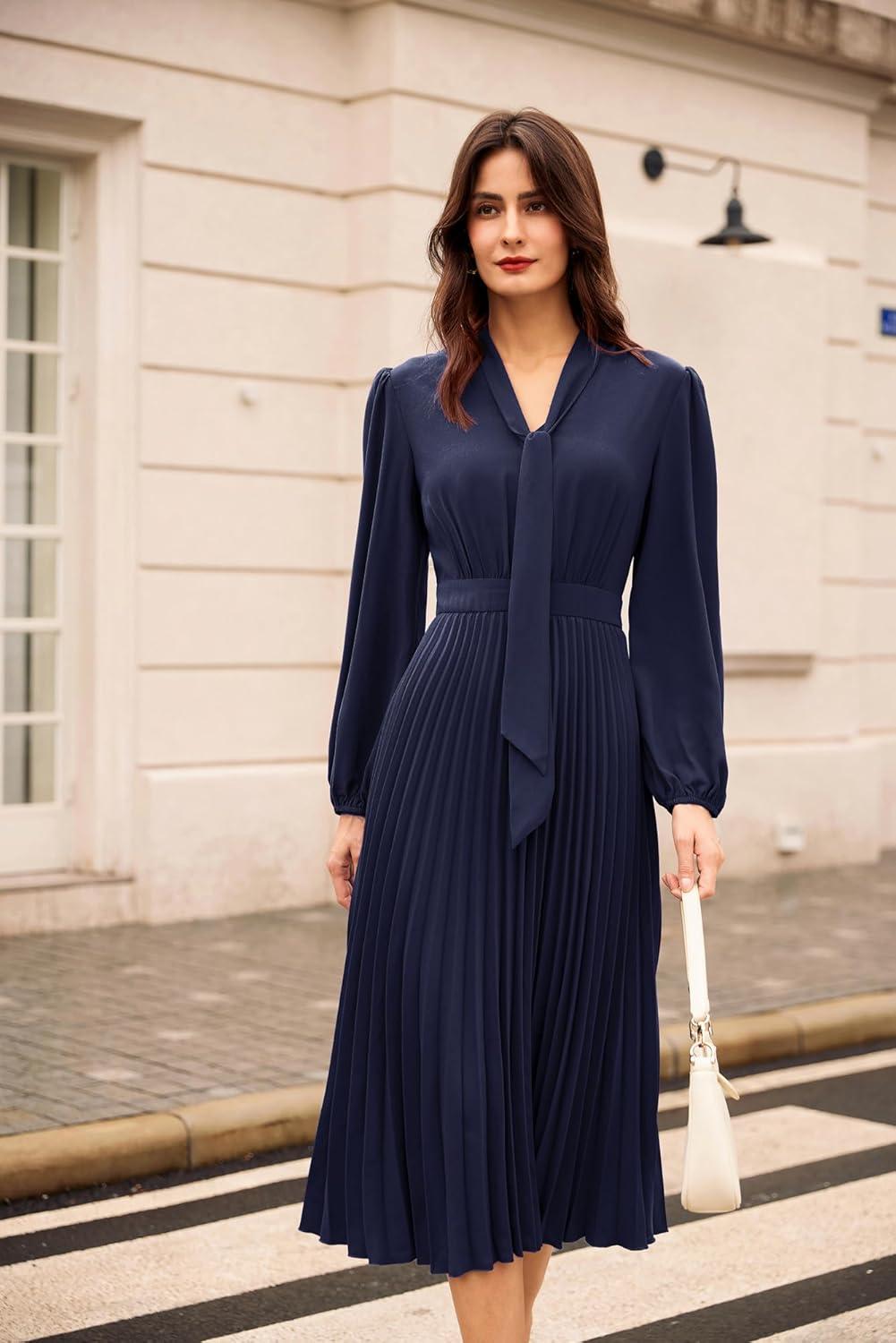 imageGRACE KARIN Womens 2025 Fall Long Sleeve Dress Casual V Neck Pleated A Line Flowy Midi DressesNavy Blue