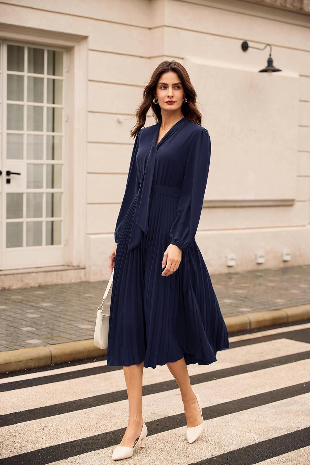imageGRACE KARIN Womens 2025 Fall Long Sleeve Dress Casual V Neck Pleated A Line Flowy Midi DressesNavy Blue