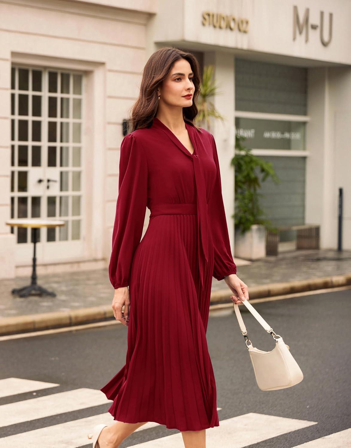 imageGRACE KARIN Womens 2025 Fall Long Sleeve Dress Casual V Neck Pleated A Line Flowy Midi DressesWine Red