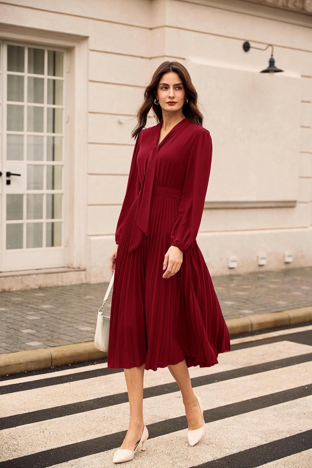 imageGRACE KARIN Womens 2025 Fall Long Sleeve Dress Casual V Neck Pleated A Line Flowy Midi DressesWine Red