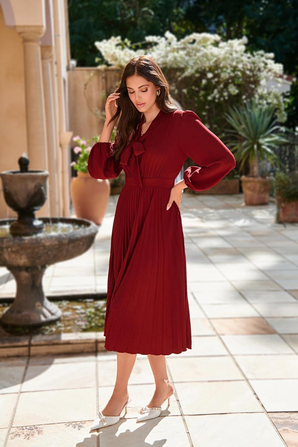 imageGRACE KARIN Womens 2025 Fall Long Sleeve Dress Casual V Neck Pleated A Line Flowy Midi DressesWine Red