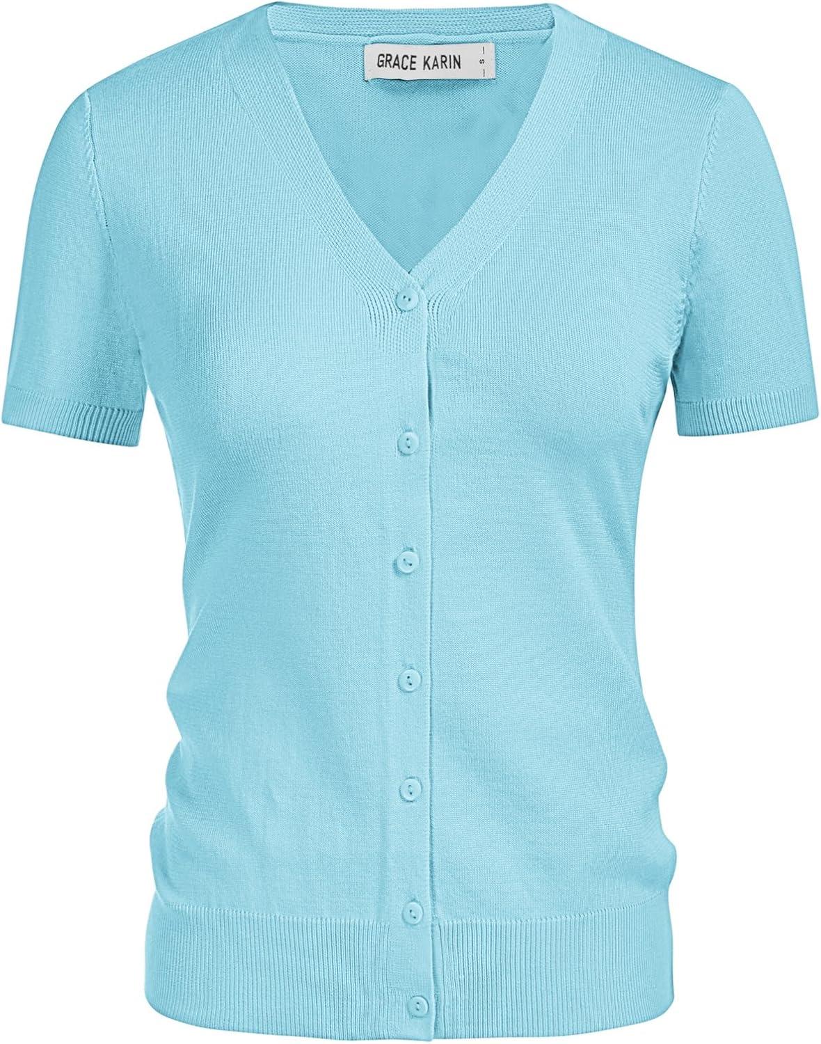 imageGRACE KARIN Womens 2026 Basic Summer Short Sleeve Cardigan Sweaters Lightweight VNeck Button Down Cropped Shrug Sweater TopsBlue
