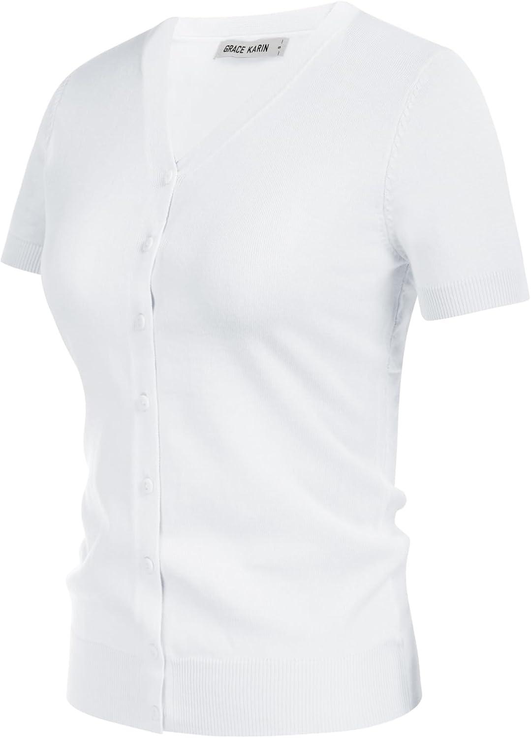 imageGRACE KARIN Womens 2026 Basic Summer Short Sleeve Cardigan Sweaters Lightweight VNeck Button Down Cropped Shrug Sweater TopsBright White