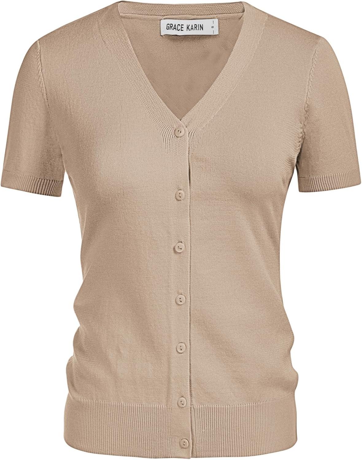 imageGRACE KARIN Womens 2026 Basic Summer Short Sleeve Cardigan Sweaters Lightweight VNeck Button Down Cropped Shrug Sweater TopsCamel