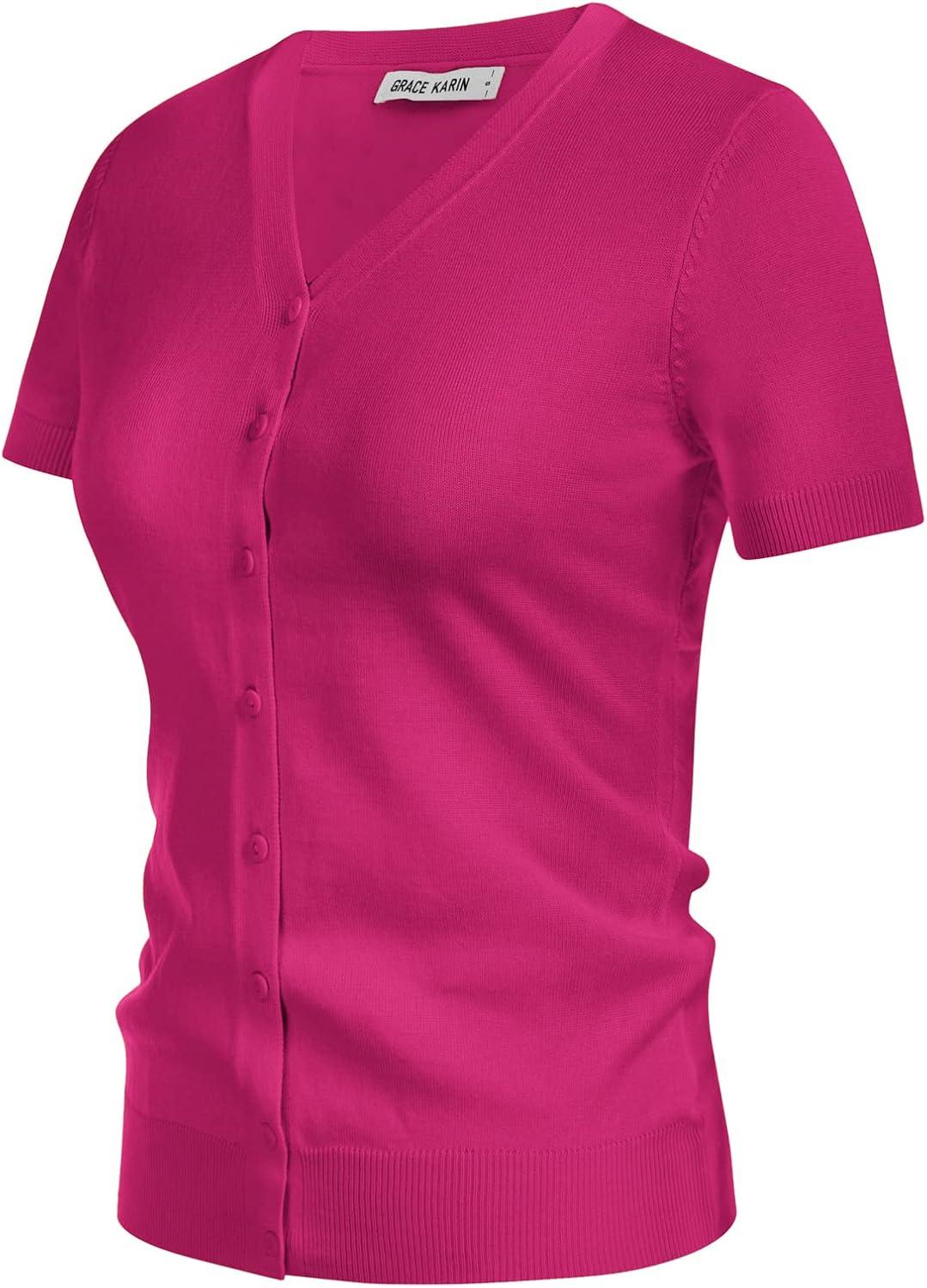 imageGRACE KARIN Womens 2026 Basic Summer Short Sleeve Cardigan Sweaters Lightweight VNeck Button Down Cropped Shrug Sweater TopsHot Pink