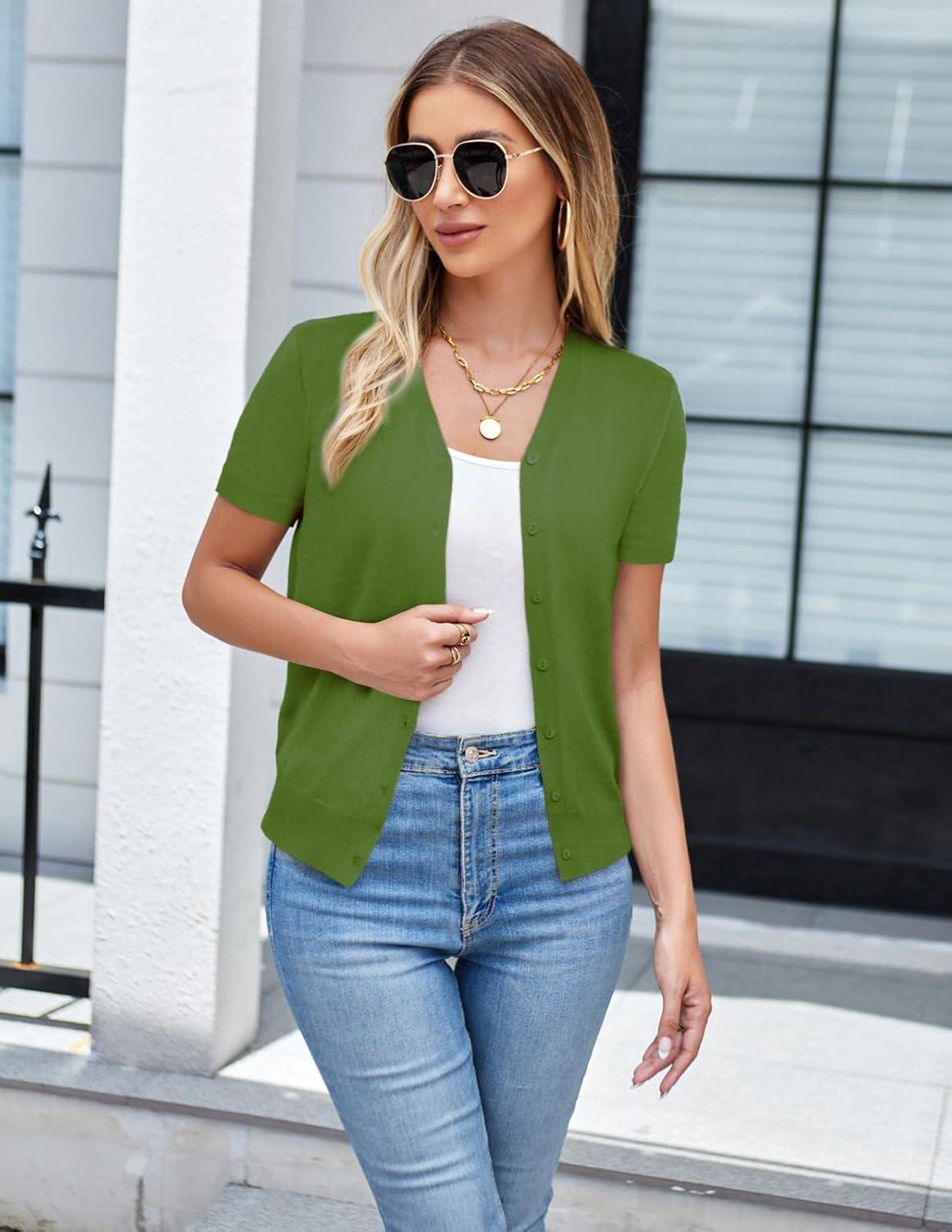imageGRACE KARIN Womens 2026 Basic Summer Short Sleeve Cardigan Sweaters Lightweight VNeck Button Down Cropped Shrug Sweater TopsLight Green