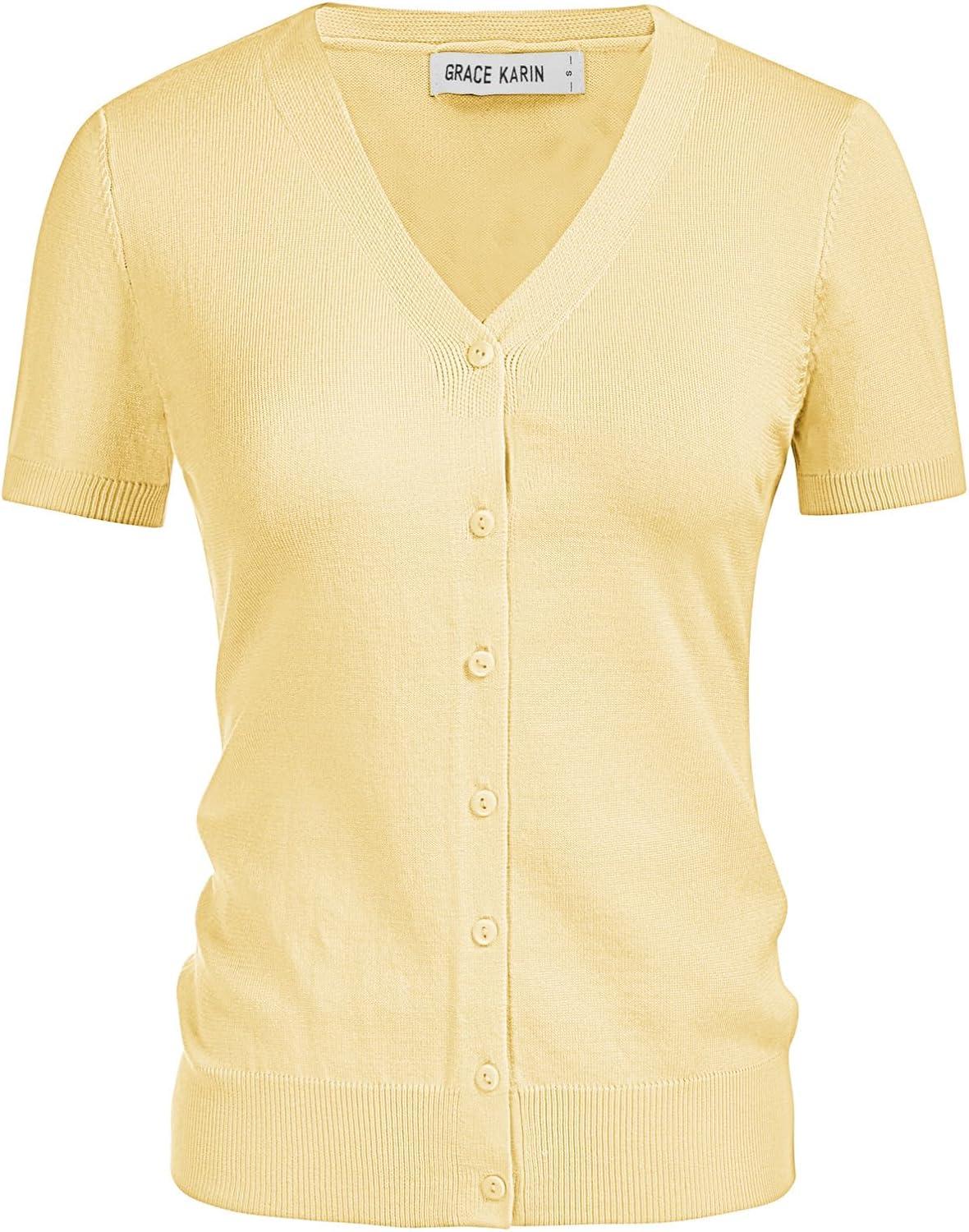 imageGRACE KARIN Womens 2026 Basic Summer Short Sleeve Cardigan Sweaters Lightweight VNeck Button Down Cropped Shrug Sweater TopsLight Yellow