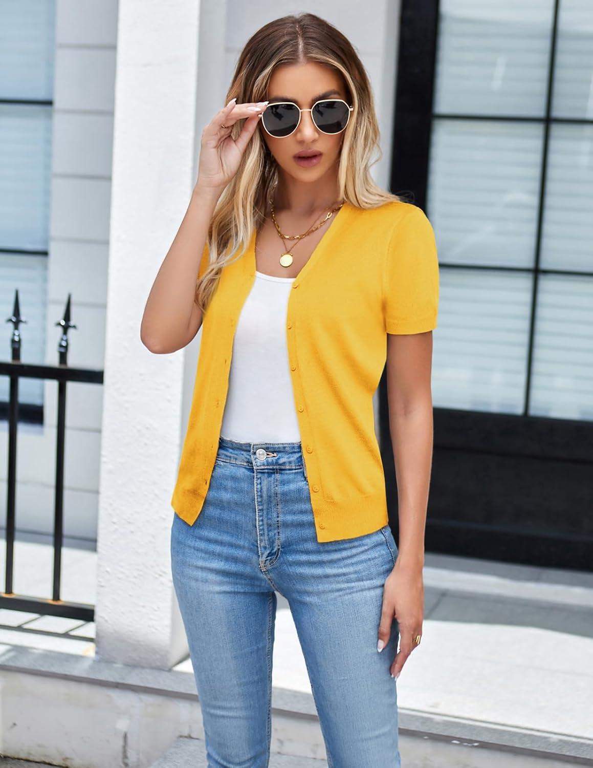 imageGRACE KARIN Womens 2026 Basic Summer Short Sleeve Cardigan Sweaters Lightweight VNeck Button Down Cropped Shrug Sweater TopsYellow