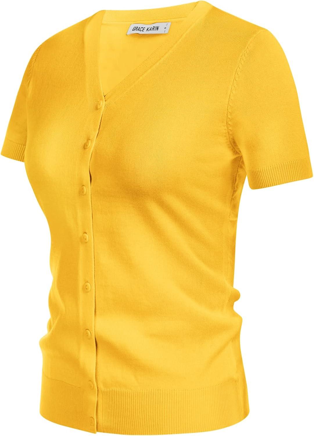 imageGRACE KARIN Womens 2026 Basic Summer Short Sleeve Cardigan Sweaters Lightweight VNeck Button Down Cropped Shrug Sweater TopsYellow