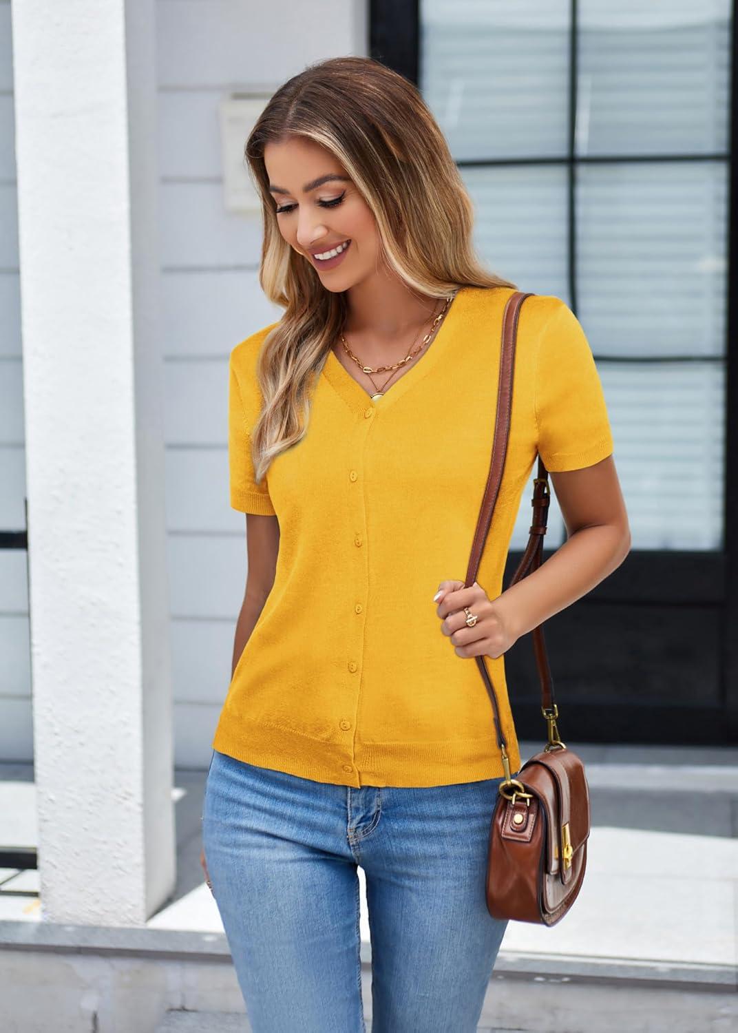imageGRACE KARIN Womens 2026 Basic Summer Short Sleeve Cardigan Sweaters Lightweight VNeck Button Down Cropped Shrug Sweater TopsYellow