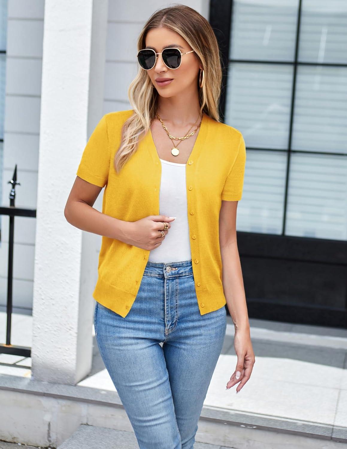 imageGRACE KARIN Womens 2026 Basic Summer Short Sleeve Cardigan Sweaters Lightweight VNeck Button Down Cropped Shrug Sweater TopsYellow