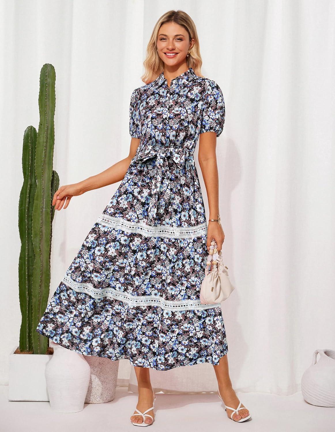 imageGRACE KARIN Womens 2026 Summer Floral Flowy Dresses Boho Tie Belt Short Puff Sleeve A Line Maxi Shirt Dress with PocketBlack Blue