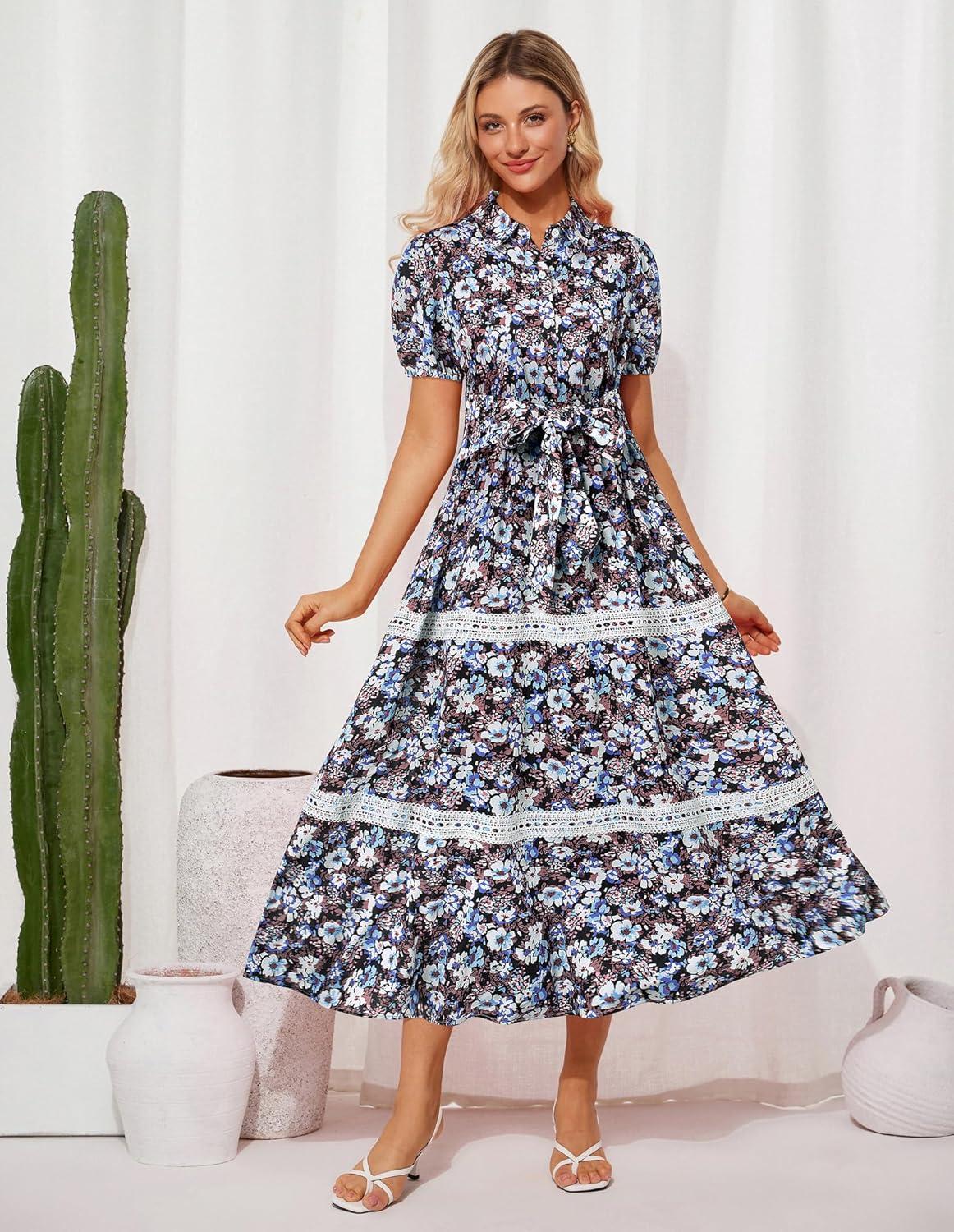 imageGRACE KARIN Womens 2026 Summer Floral Flowy Dresses Boho Tie Belt Short Puff Sleeve A Line Maxi Shirt Dress with PocketBlack Blue