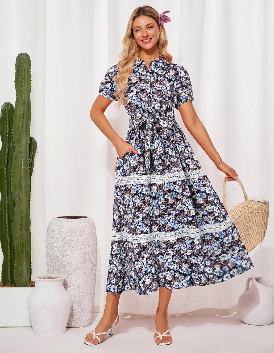 imageGRACE KARIN Womens 2026 Summer Floral Flowy Dresses Boho Tie Belt Short Puff Sleeve A Line Maxi Shirt Dress with PocketBlack Blue