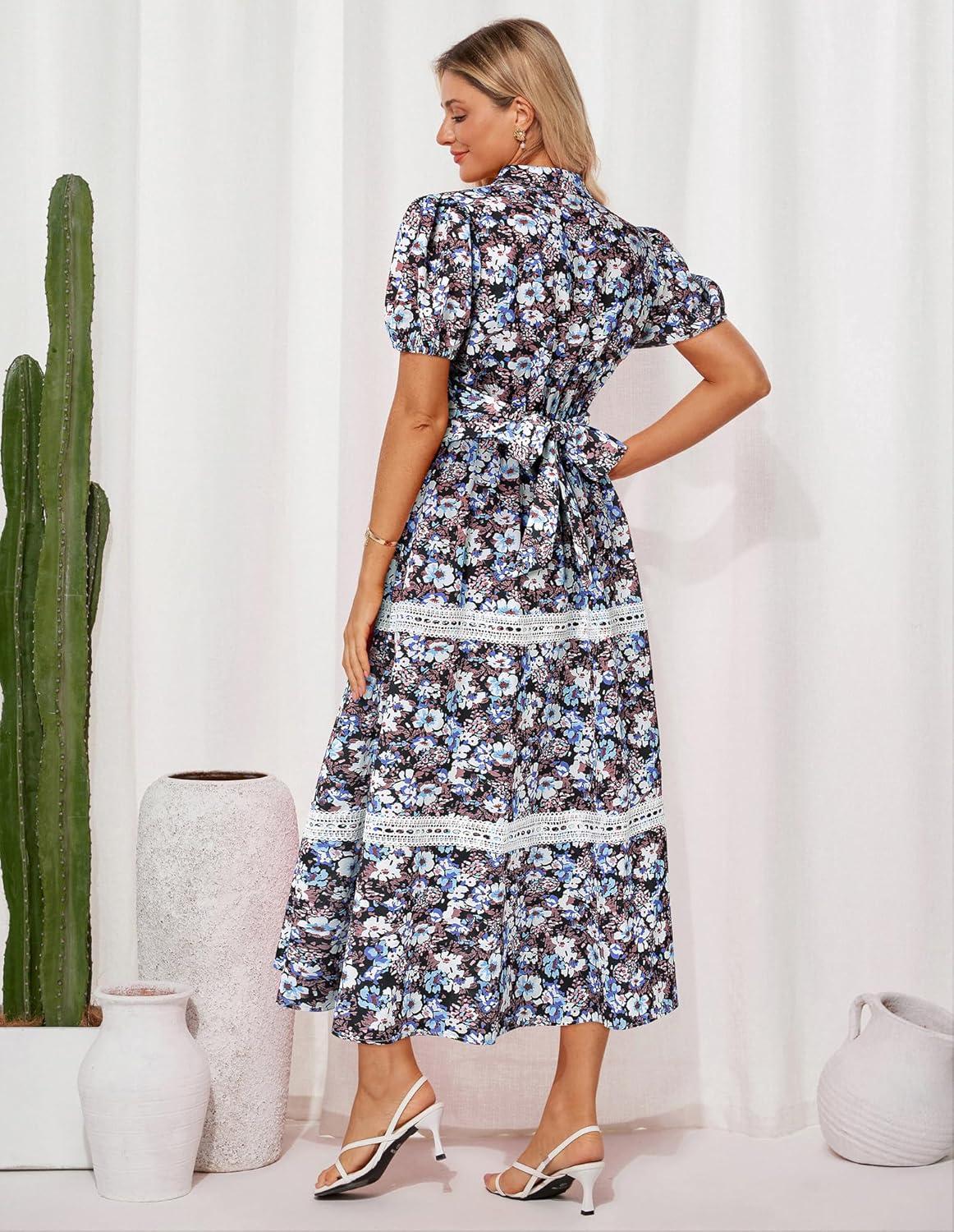 imageGRACE KARIN Womens 2026 Summer Floral Flowy Dresses Boho Tie Belt Short Puff Sleeve A Line Maxi Shirt Dress with PocketBlack Blue