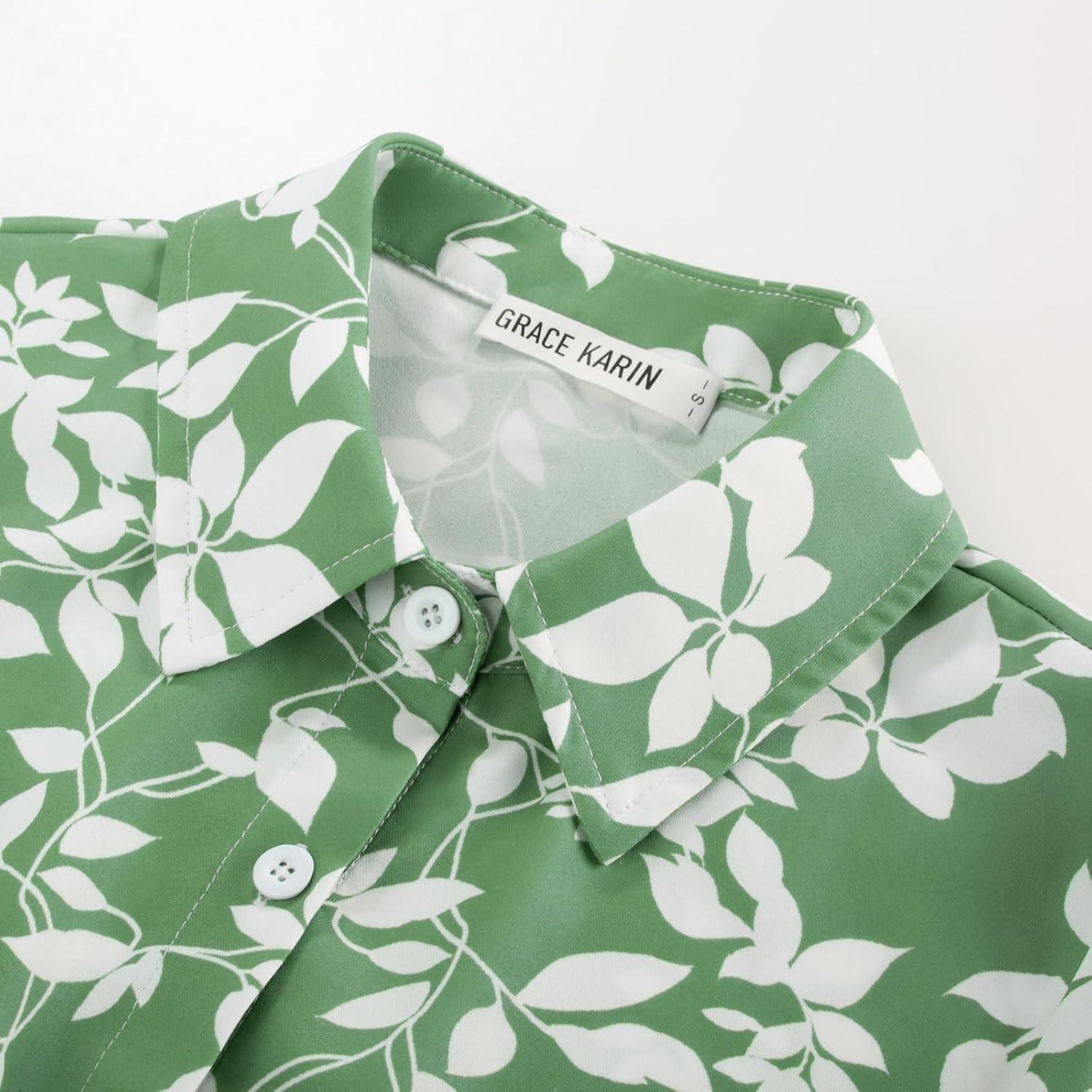 imageGRACE KARIN Womens 2026 Summer Floral Flowy Dresses Boho Tie Belt Short Puff Sleeve A Line Maxi Shirt Dress with PocketGreen White Leaf