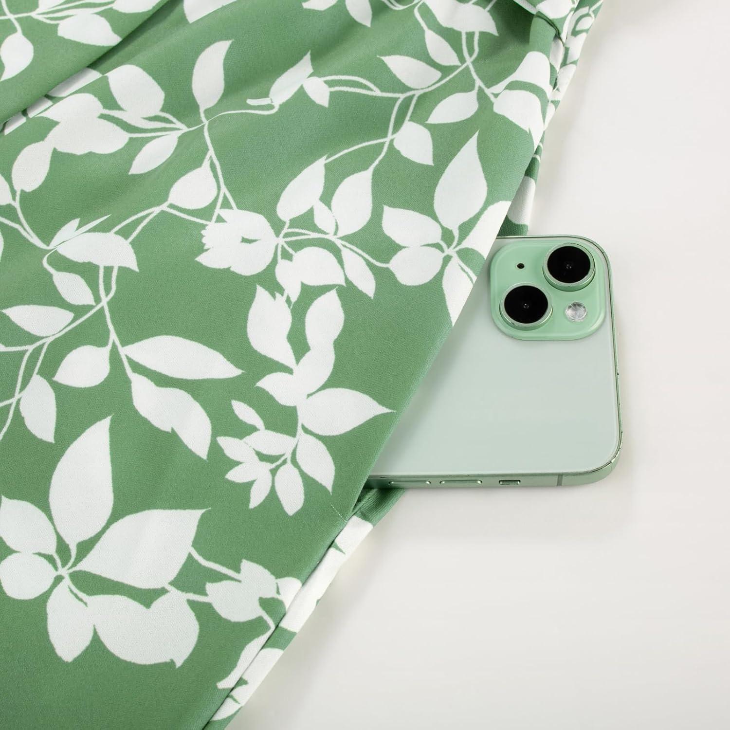 imageGRACE KARIN Womens 2026 Summer Floral Flowy Dresses Boho Tie Belt Short Puff Sleeve A Line Maxi Shirt Dress with PocketGreen White Leaf