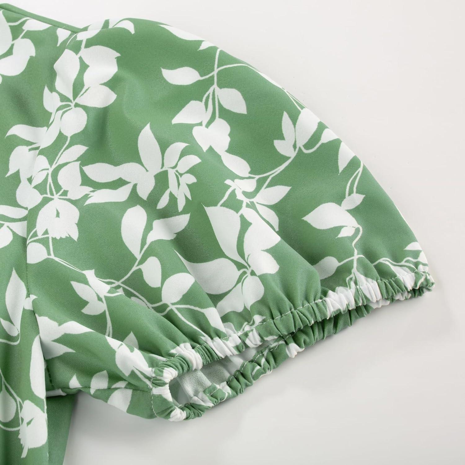 imageGRACE KARIN Womens 2026 Summer Floral Flowy Dresses Boho Tie Belt Short Puff Sleeve A Line Maxi Shirt Dress with PocketGreen White Leaf