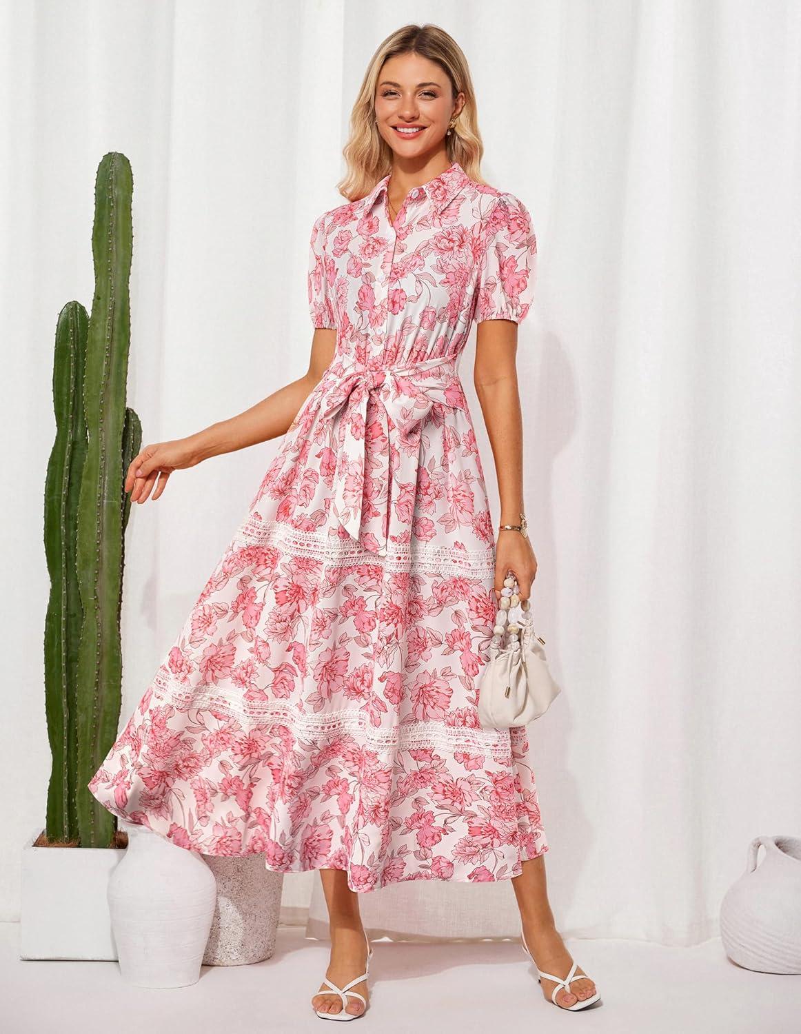 imageGRACE KARIN Womens 2026 Summer Floral Flowy Dresses Boho Tie Belt Short Puff Sleeve A Line Maxi Shirt Dress with PocketPink Floral