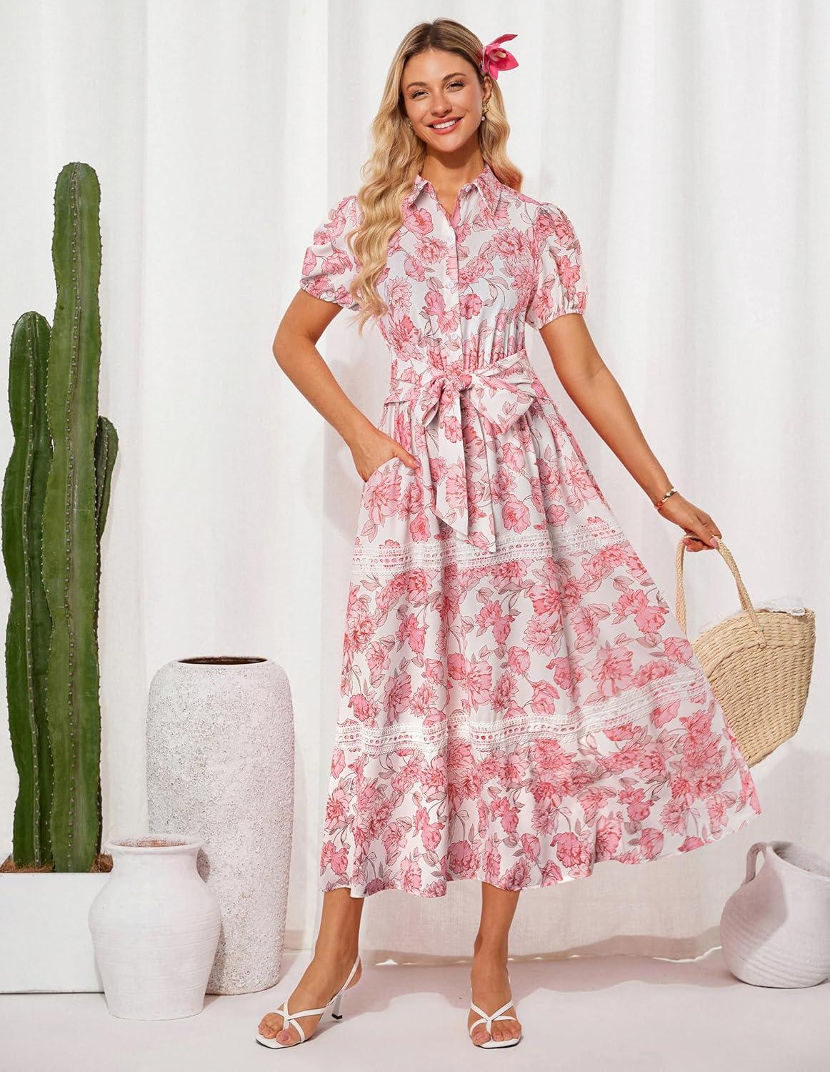 imageGRACE KARIN Womens 2026 Summer Floral Flowy Dresses Boho Tie Belt Short Puff Sleeve A Line Maxi Shirt Dress with PocketPink Floral