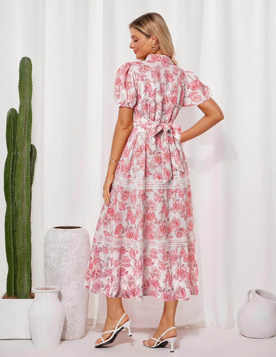 imageGRACE KARIN Womens 2026 Summer Floral Flowy Dresses Boho Tie Belt Short Puff Sleeve A Line Maxi Shirt Dress with PocketPink Floral
