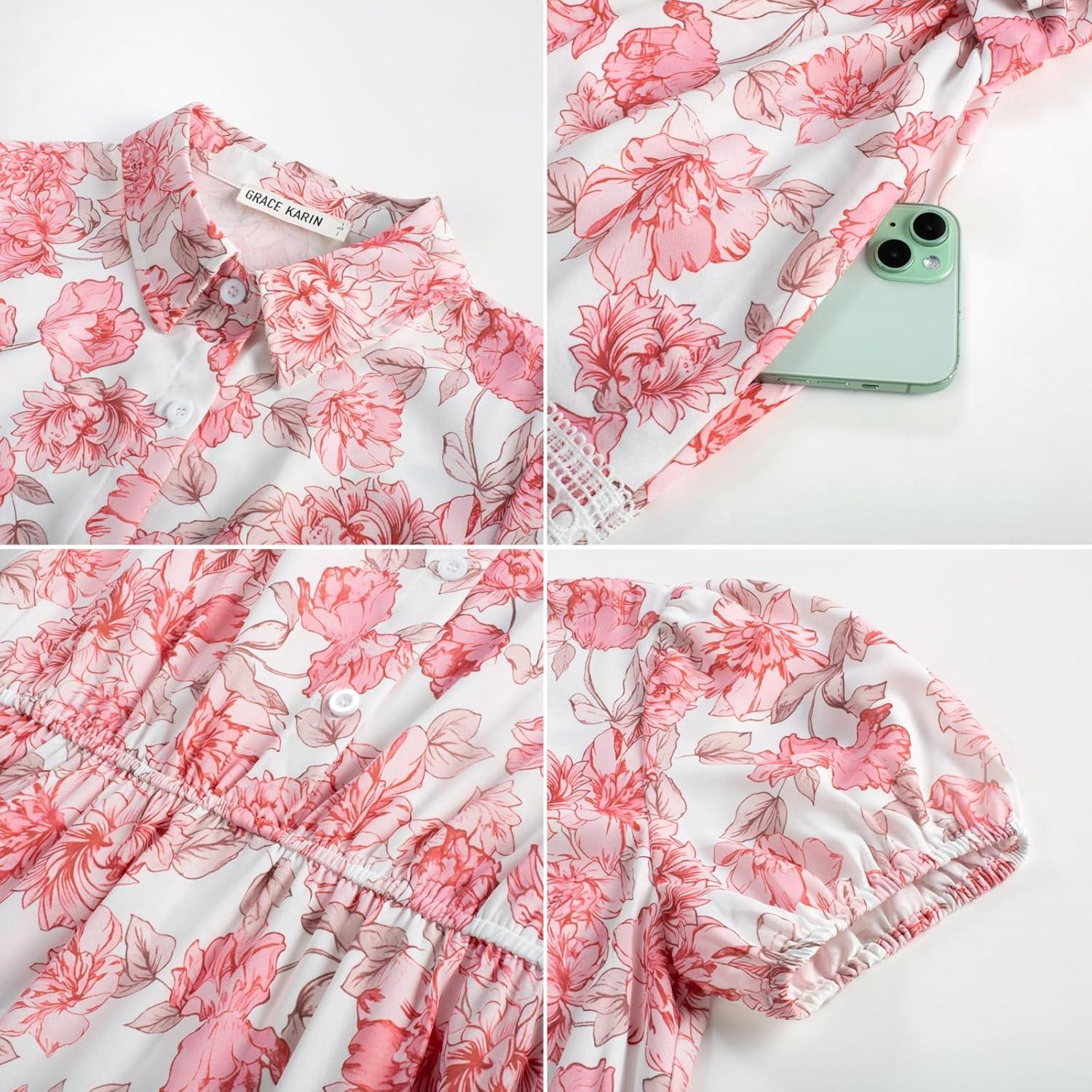 imageGRACE KARIN Womens 2026 Summer Floral Flowy Dresses Boho Tie Belt Short Puff Sleeve A Line Maxi Shirt Dress with PocketPink Floral