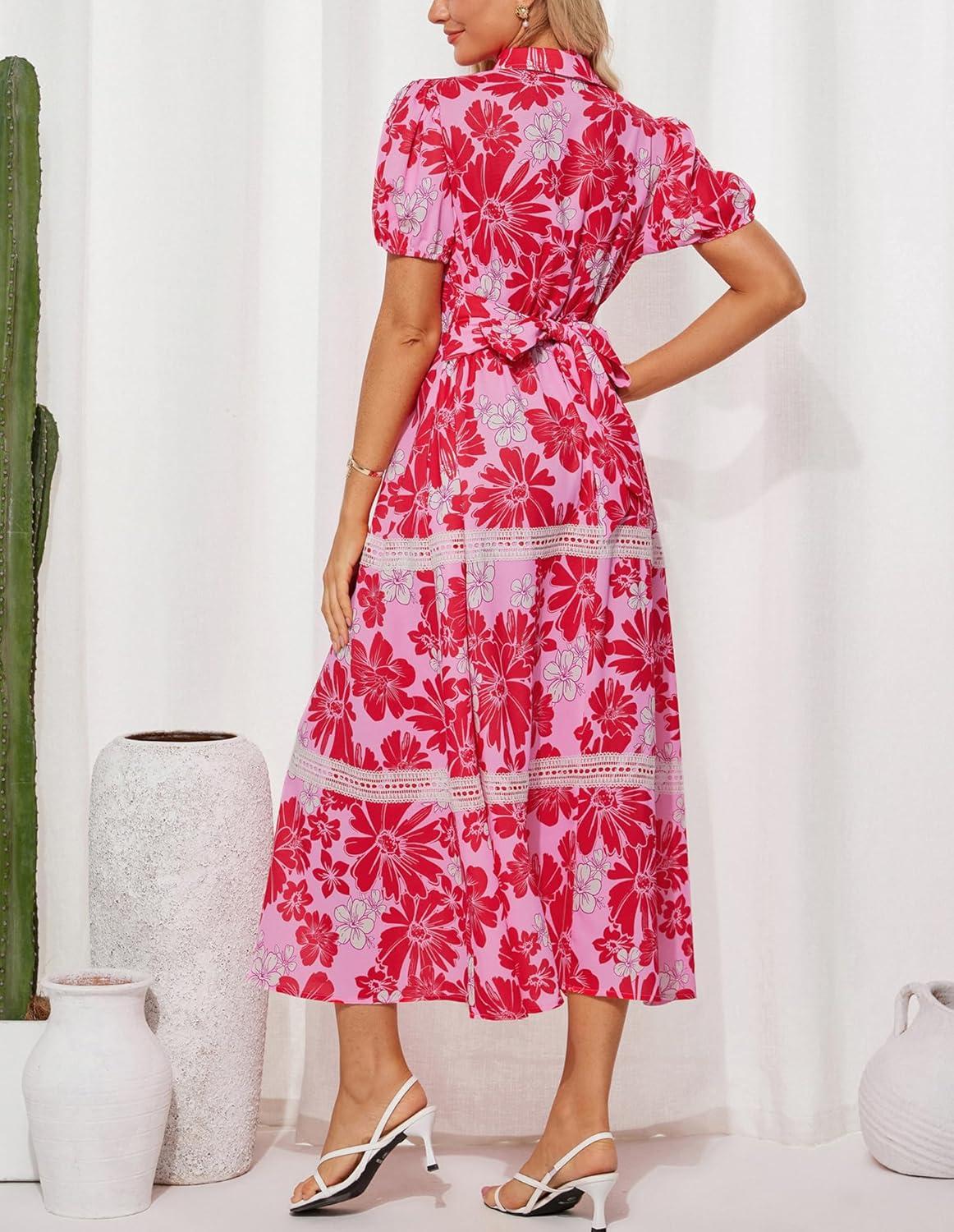 imageGRACE KARIN Womens 2026 Summer Floral Flowy Dresses Boho Tie Belt Short Puff Sleeve A Line Maxi Shirt Dress with PocketPink Red