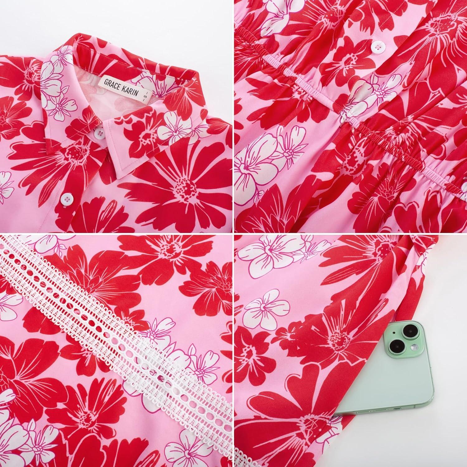 imageGRACE KARIN Womens 2026 Summer Floral Flowy Dresses Boho Tie Belt Short Puff Sleeve A Line Maxi Shirt Dress with PocketPink Red