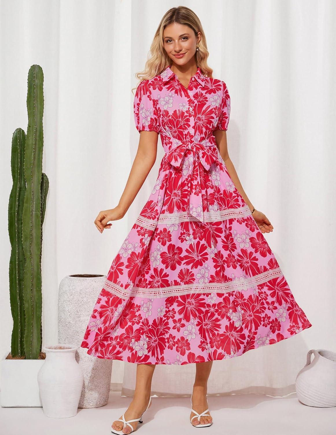 imageGRACE KARIN Womens 2026 Summer Floral Flowy Dresses Boho Tie Belt Short Puff Sleeve A Line Maxi Shirt Dress with PocketPink Red